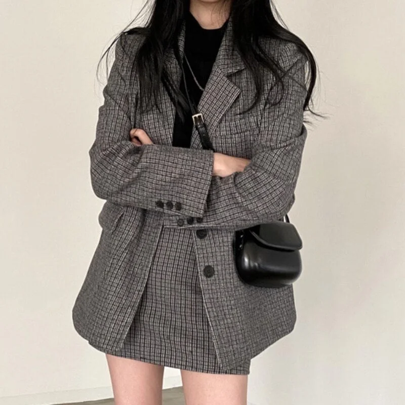 Korean 2 Set Woman Skirt Suits Retro Plaid Blazer Sets Suit Jacket + High Waist Skirt Sets OL Casual Blazer Two Piece Cardigan Sweater Pullover Korean 2 Set Woman Skirt Suits Retro Plaid Blazer Sets Suit Jacket + High Waist Skirt Sets OL Casual Blazer Two Piece Cardigan Sweater Pullover
