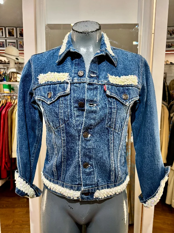 70’s Blue Denim With White Sequins Adorned Jacket By Levi’s Collared Jacket Crew Neck Jacket Turtle Neck Jacket 70’s Blue Denim With White Sequins Adorned Jacket By Levi’s Collared Jacket Crew Neck Jacket Turtle Neck Jacket
