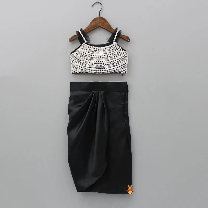 Pre Order: Heavy Yoke Embroidered Black Top And Dhoti Style Skirt denim skirt fashionable