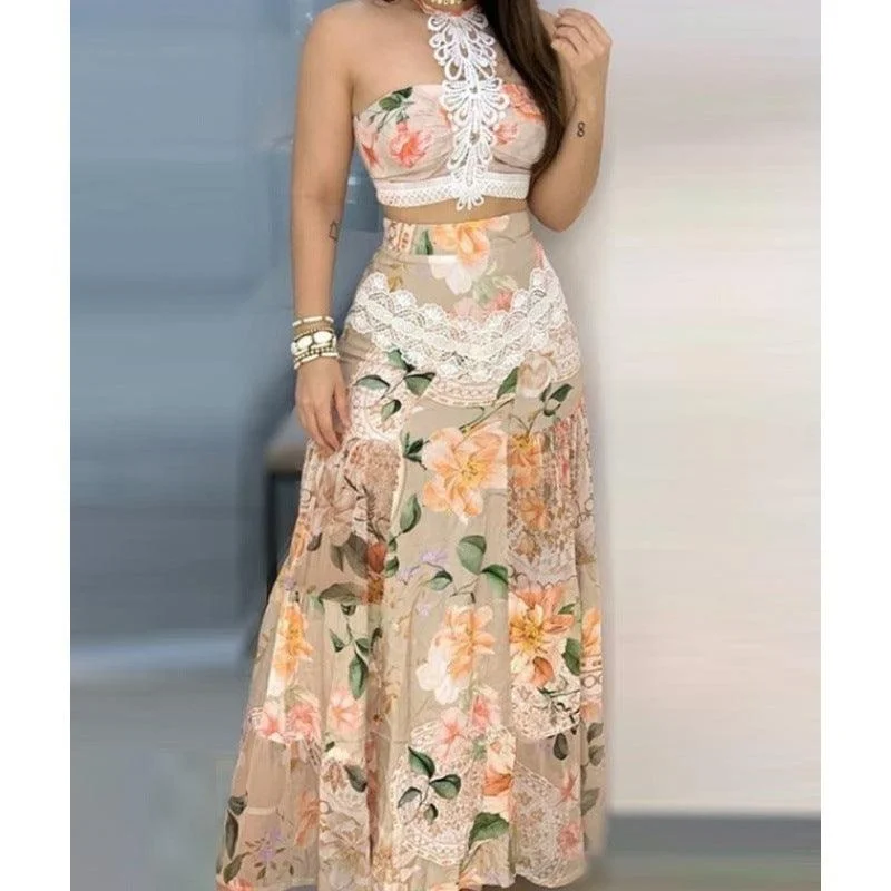 Floral Lace Hem Top & Skirt high waist skirt