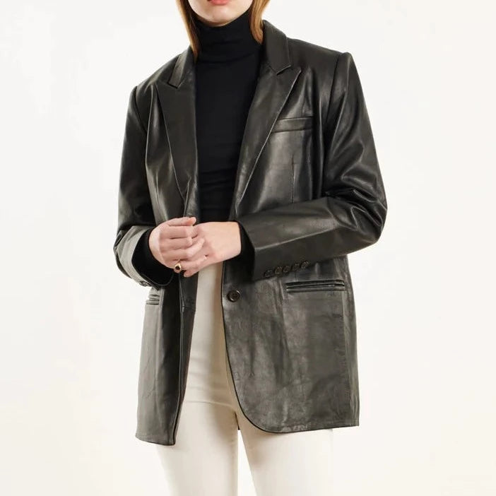 Women Genuine Black Leather Blazer Jacket Denim Fabric Leather Fabric Suede Fabric
