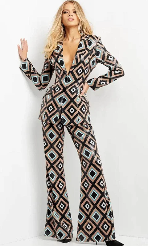 Jovani 07921 - Sequin Plunging Pantsuit Classic Bootcut Trousers