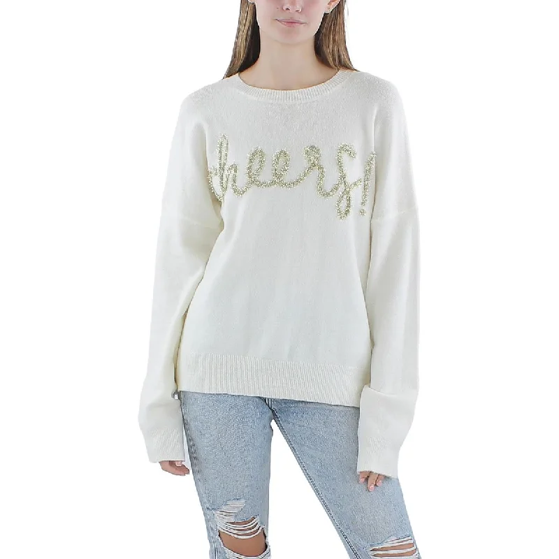 Gilli Womens Cheers Ribbed Trim  Knit Crewneck Sweater Spandex Blend Rayon Blend Denim Blend