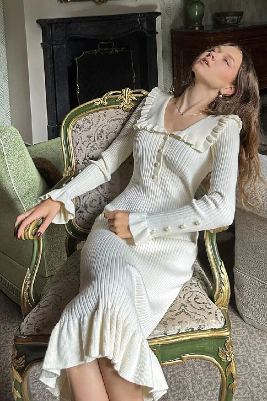 French Peter Pan Collar Half Button Ruffle Long Sleeve Sweater Midi Dress - Cream Mesh Fabric Canvas Fabric Denim Fabric French Peter Pan Collar Half Button Ruffle Long Sleeve Sweater Midi Dress - Cream Mesh Fabric Canvas Fabric Denim Fabric