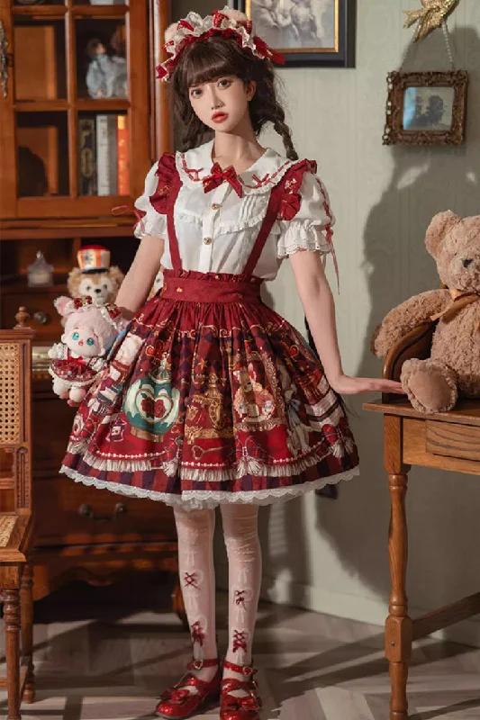 Red [Rabbit and Bear Feast] Print Ruffle Bowknot Sweet Lolita Skirt cashmere skirt fine