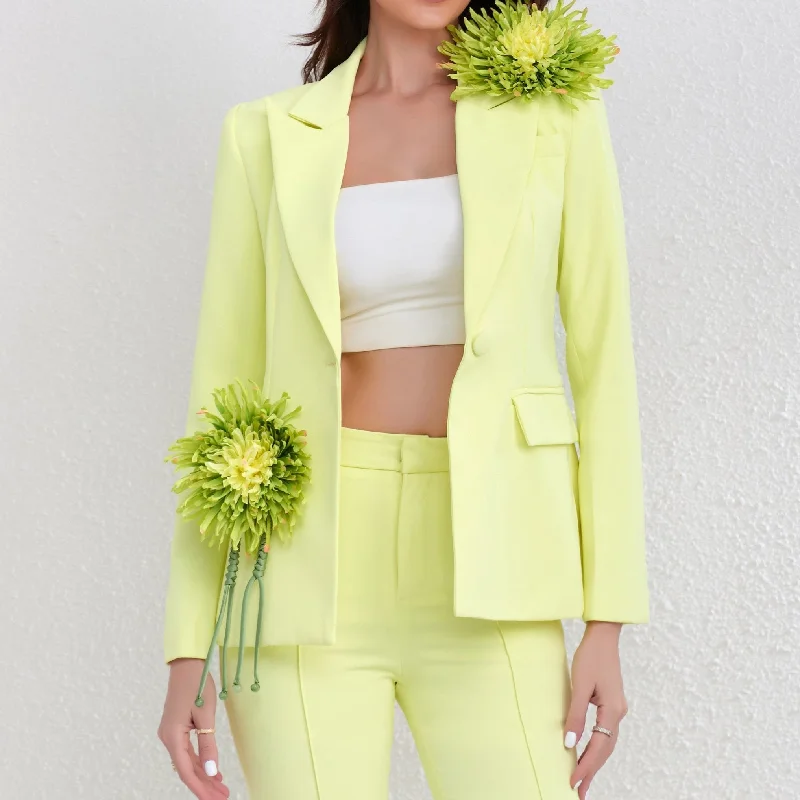 Flora Flower Details Single Button Blazer and Flared Pants Set Wide-Legged Palazzos