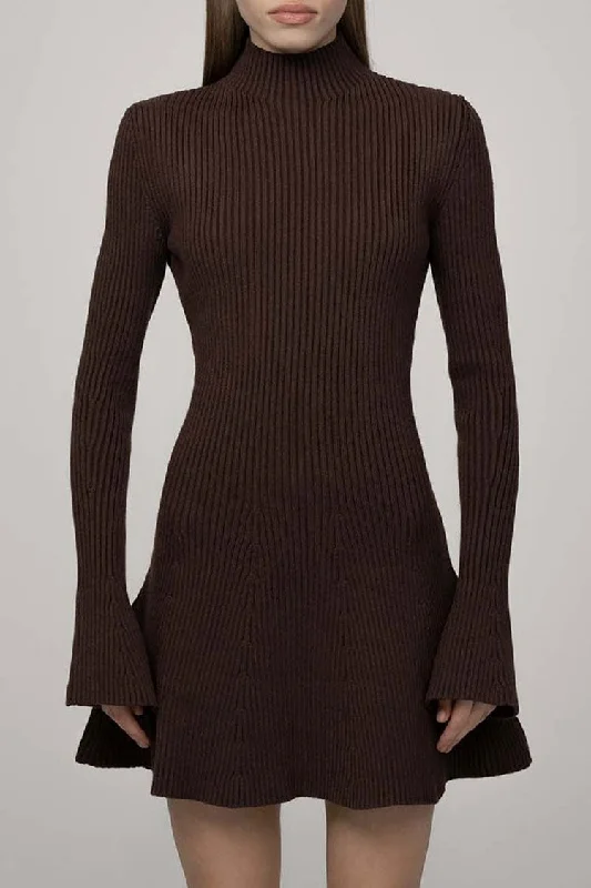 Chic High Neck Flared Long Sleeve Rib Knit Winter Sweater Mini Dress - Coffee Stretchy Elastic Breathable Chic High Neck Flared Long Sleeve Rib Knit Winter Sweater Mini Dress - Coffee Stretchy Elastic Breathable