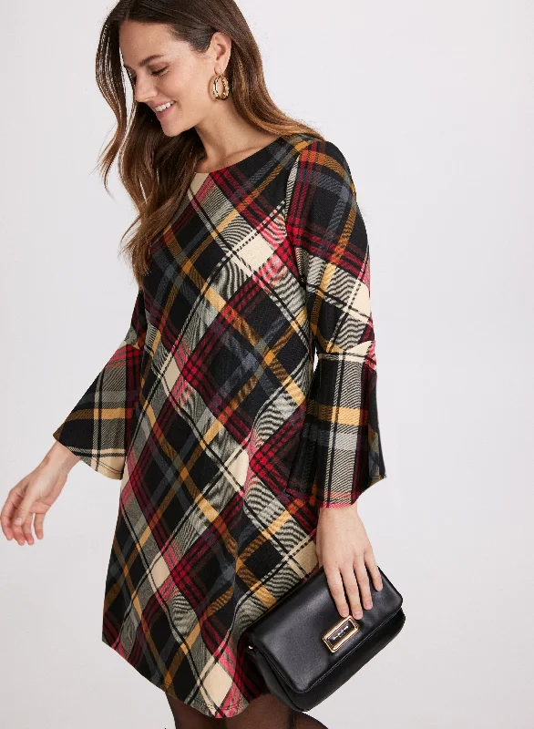 Plaid Print Sweater Dress Ribbed Striped Patterned