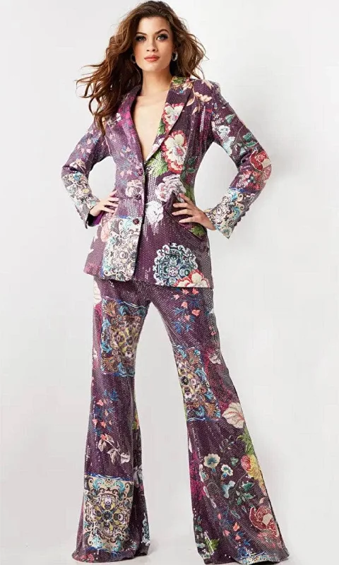 Jovani 26034 - Sequin Embellished Deep V-Neck Pantsuit Classic Chino Pants