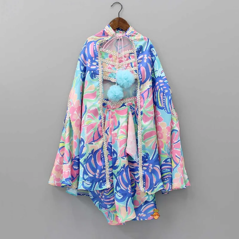 Multicolour Printed Lace Work Top With Cape And Dhoti Style Skirt cashmere skirt soft Multicolour Printed Lace Work Top With Cape And Dhoti Style Skirt cashmere skirt soft