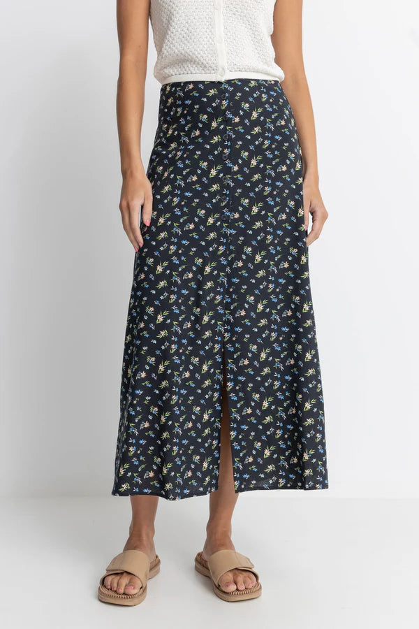 Fleur Floral Button Front Maxi Skirt In Black asymmetrical skirt cut