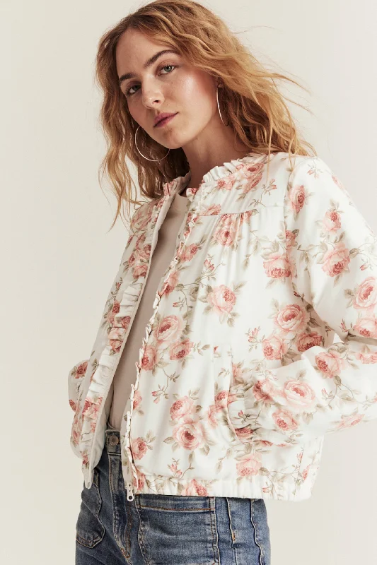 Women's  white floral frill jacket Quilted Jacket Puffer Jacket Insulated Jacket