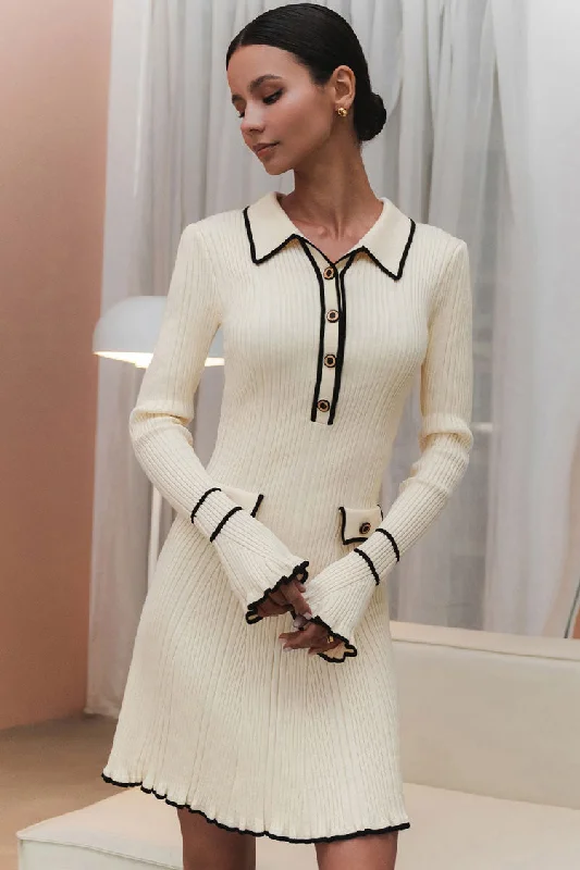 Preppy Chic Contrast Collar Button Up Long Sleeve Ribbed Knit Sweater Mini Dress - Beige High Neck Crew Neck V-Neck Preppy Chic Contrast Collar Button Up Long Sleeve Ribbed Knit Sweater Mini Dress - Beige High Neck Crew Neck V-Neck