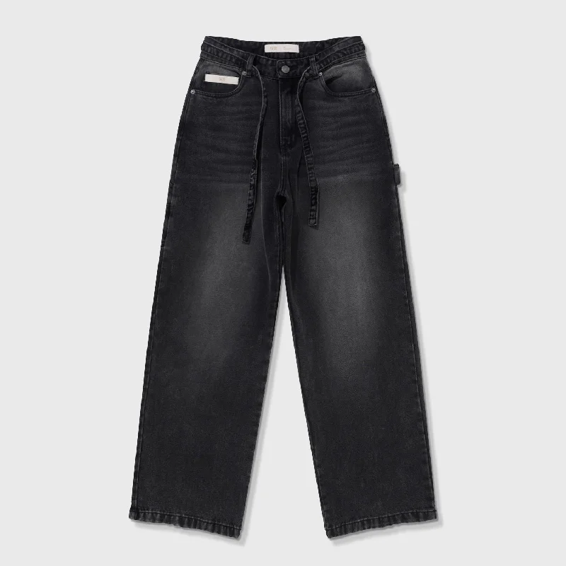 Dirty-Wash Wide-Leg Pants - Black Trendy Printed Leggings