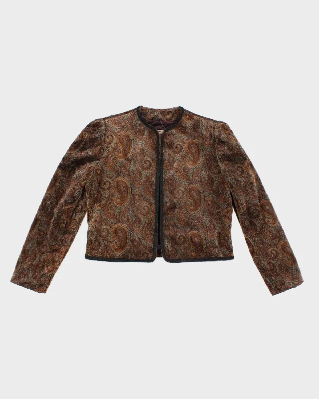 Womens 1970s Brown Paisley Velvet Blazer Jacket - M Notch Collar Peter Pan Collar Cowl Neck Womens 1970s Brown Paisley Velvet Blazer Jacket - M Notch Collar Peter Pan Collar Cowl Neck