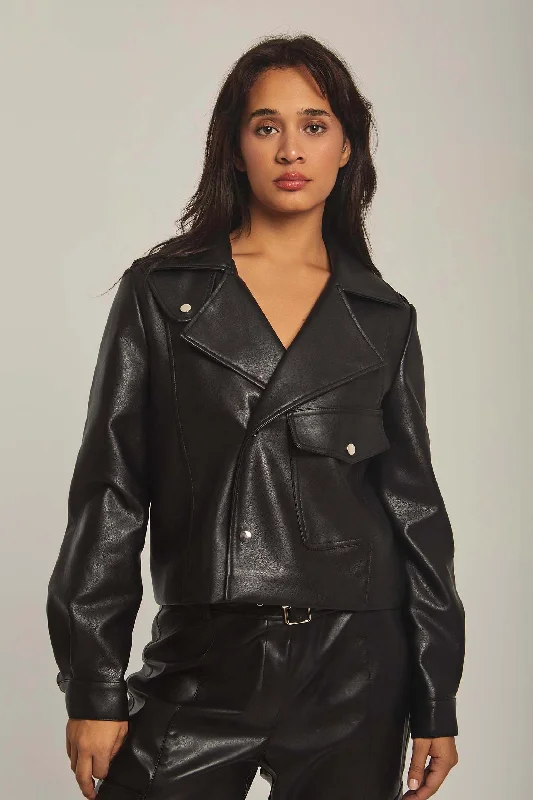 Jacket Leather Biker Black Snapped Jacket Toggled Jacket Drawstring Jacket