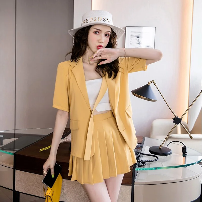 Women Summer Casual Retro Elegant OL Set Turn-down Collar Buttons Short Sleeve Loose Jacket And Pleated Mini Skirt Two Piece Set Front Pockets Side Pockets Patch Pockets Women Summer Casual Retro Elegant OL Set Turn-down Collar Buttons Short Sleeve Loose Jacket And Pleated Mini Skirt Two Piece Set Front Pockets Side Pockets Patch Pockets