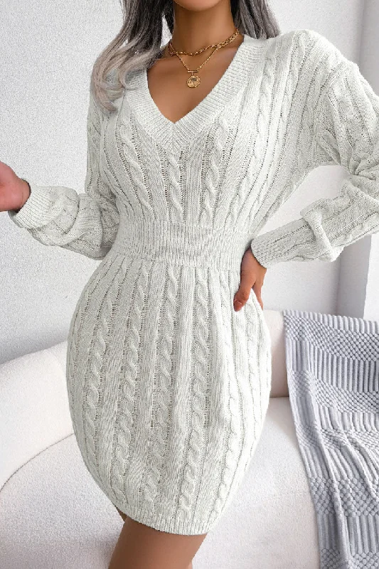 Sexy V Neck Winter Fisherman Cable Knit Sweater Mini Dress - White Cashmere Blend Cotton Blend Poly Blend Sexy V Neck Winter Fisherman Cable Knit Sweater Mini Dress - White Cashmere Blend Cotton Blend Poly Blend