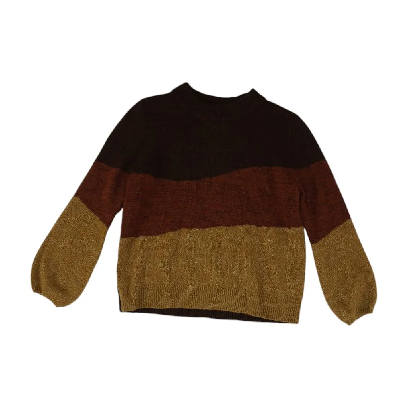 Brown Color Block Crewneck Sweater Chenille Brocade Lace