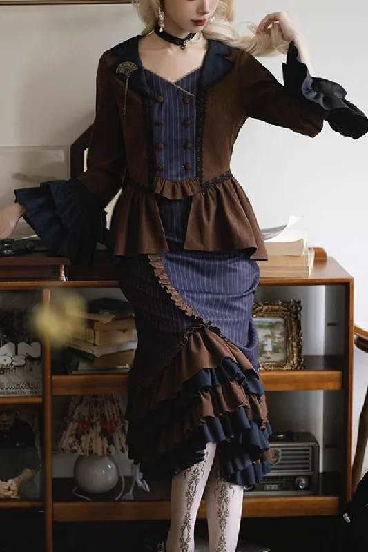 Blue/Brown Time Traveler Long Sleeves Multi-layer Print Ruffle Punk Lolita Mermaid Skirt Set tiered skirt playful