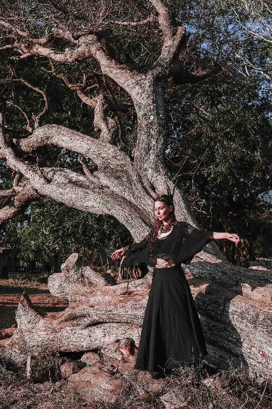 Black Handwoven Linen Wrap Gypsy Maxi Skirt seamless skirt comfort