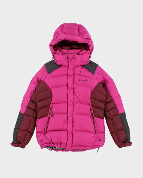 Columbia Pink Hooded Puffer Jacket - M Zippered Front Buttoned Front Snap Front