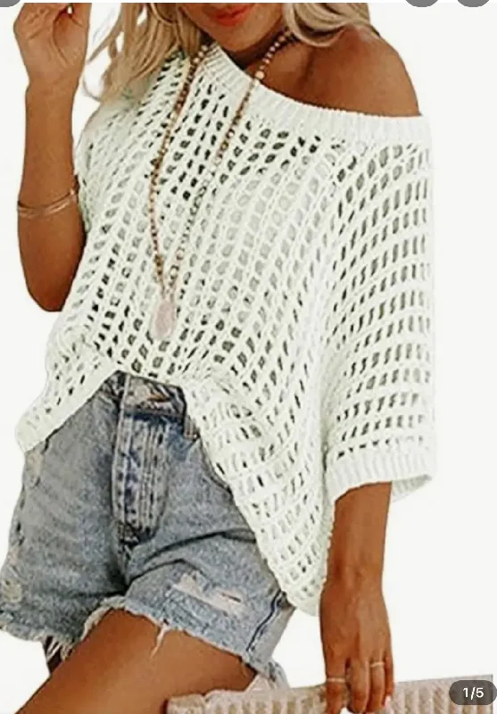 In Plain Sight White Fishnet Short Sleeve Sweater Toggled Drawstring Belted