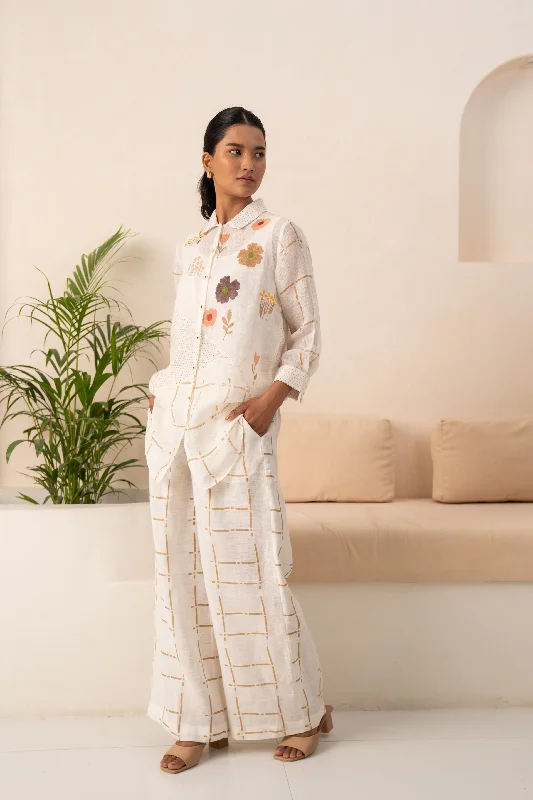 Ivory Linen Check Pants Modern Bootcut Pants