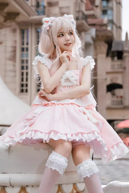 Pink [Miss Meow] Print Ruffle Bowknot Sweet Lolita Skirt Set leather skirt sleek