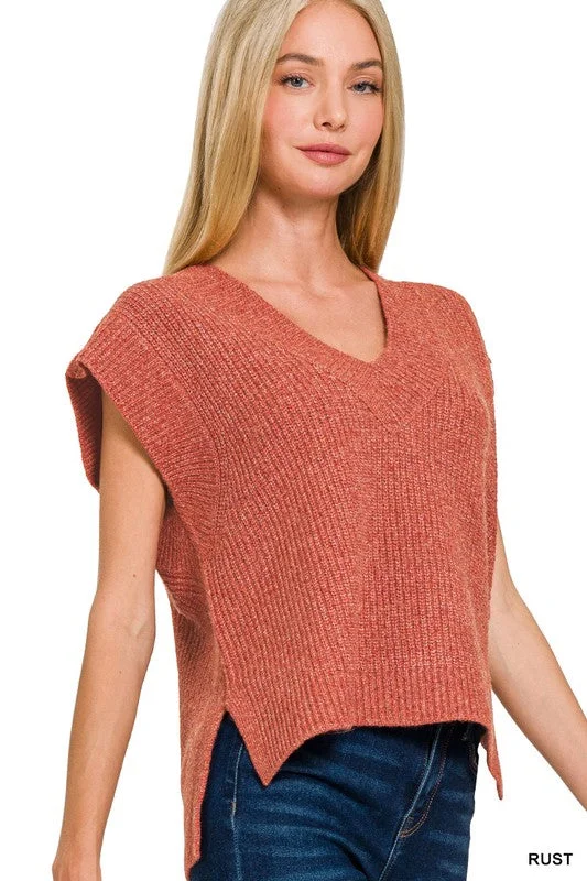 I Will Be There Rust Side Slit Sweater Vest Solid Color Striped Floral Print