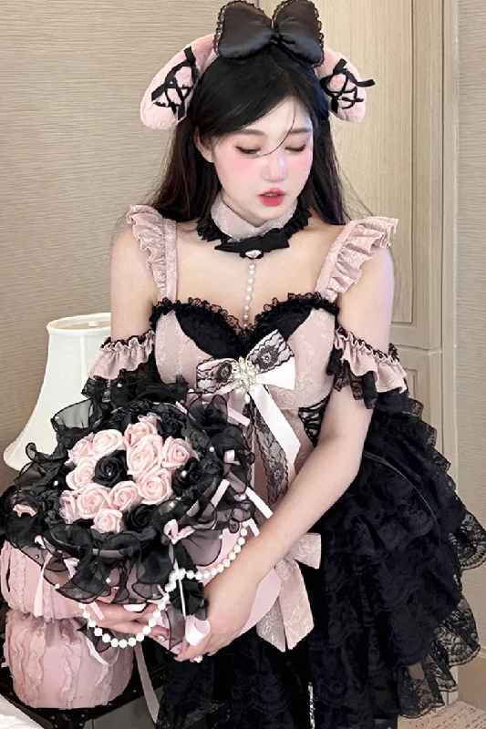 Black/Pink [Blackberry Lover] Multi-Layered Lace Sweet Princess Lolita Skirt Set casual skirt length