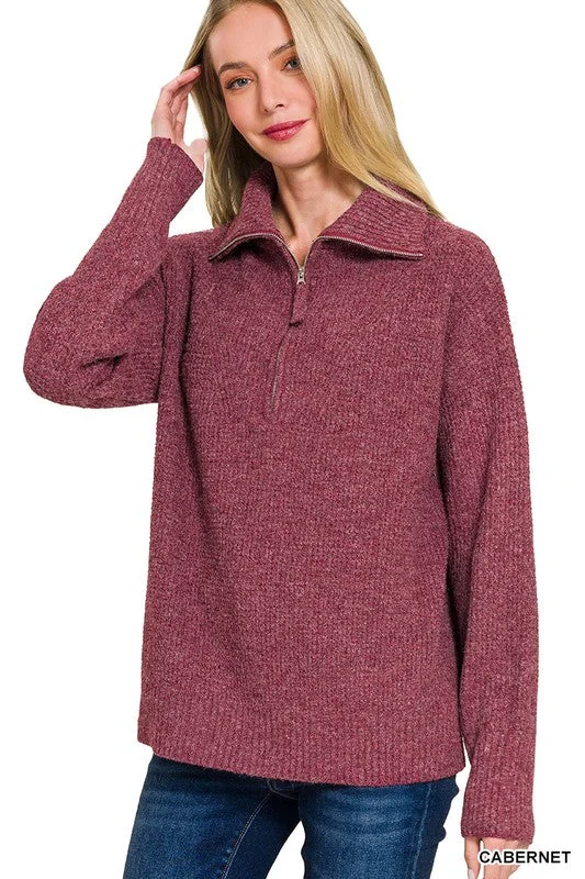 Zip It Up High Collar Cabernet Sweater Embroidered Appliqued Beaded