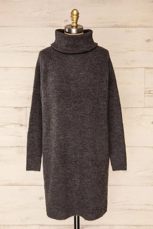 Koror Grey | Knit Turtleneck Sweater Dress Hooded Caped Shawl Collar