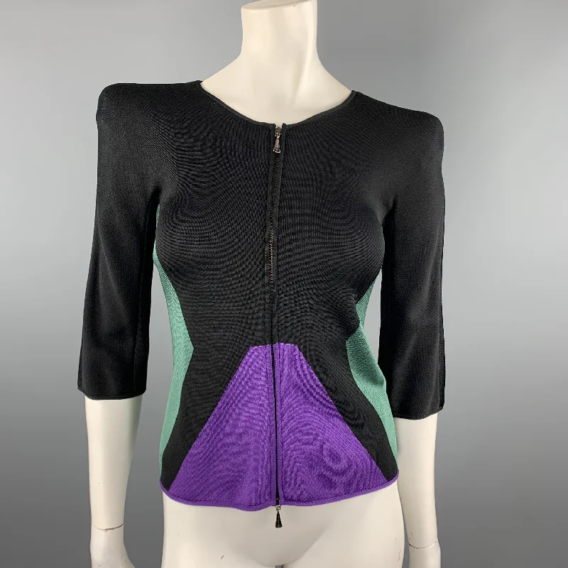 GIORGIO ARMANI Size 2 Black Green & Purple Color Block Shoulder Pad Jacket Cotton Fabric Linen Fabric Terry Fabric GIORGIO ARMANI Size 2 Black Green & Purple Color Block Shoulder Pad Jacket Cotton Fabric Linen Fabric Terry Fabric
