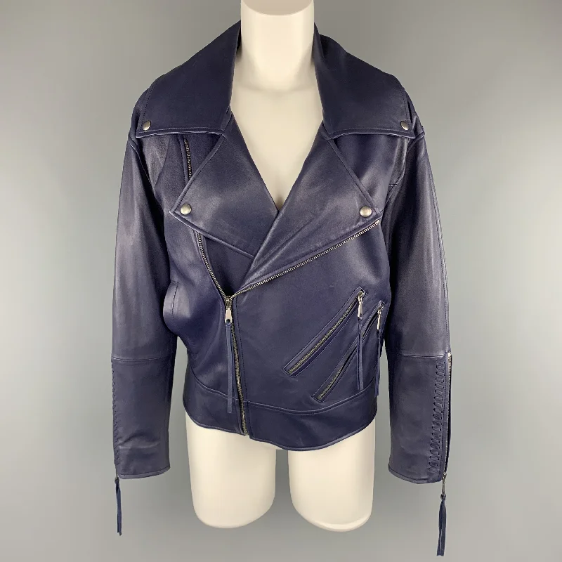 REBECCA MINKOFF Size XS Navy Leather Lamb Skin Biker Jacket One-Shoulder Jacket Off-the-Shoulder Jacket Asymmetrical Jacket REBECCA MINKOFF Size XS Navy Leather Lamb Skin Biker Jacket One-Shoulder Jacket Off-the-Shoulder Jacket Asymmetrical Jacket