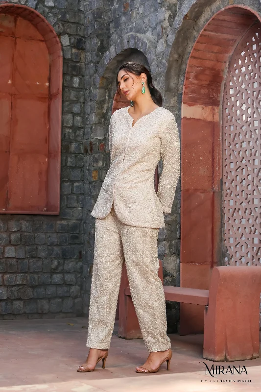 Dione- Ivory Jacket With Pant Cord Set. Chic Capri Pants