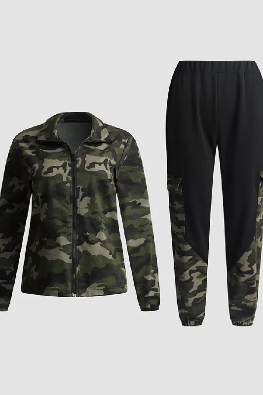 Camo Print Flap Pocket Coat & Pants Set Casual Skinny Fit Pants
