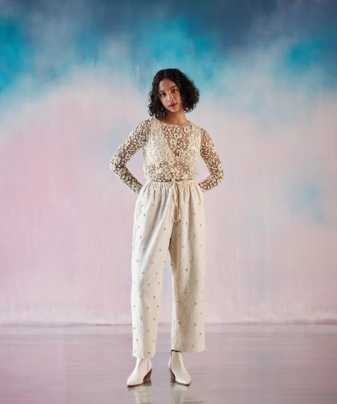 Off White Deep V Bralette, Top And Foam Heart Emb Pants Set Elegant High-Waist Pants