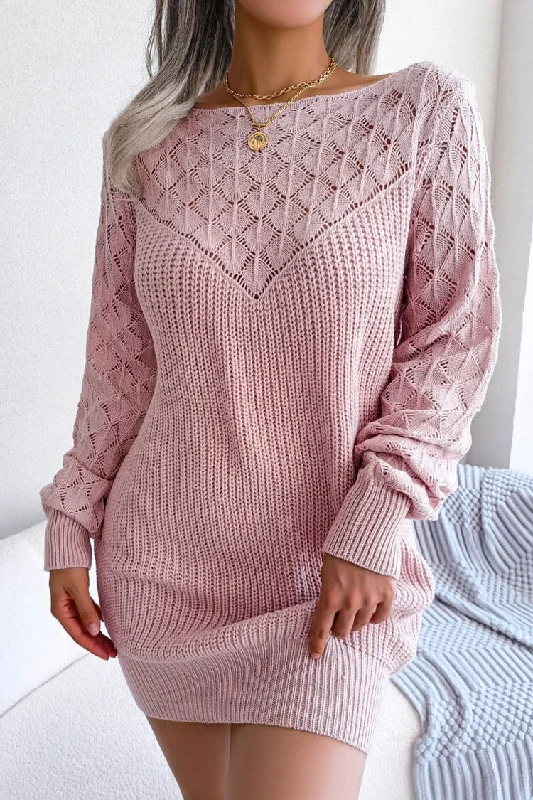 Comfy Long Sleeve Pointelle Crochet Knit Winter Sweater Mini Dress - Pink Hooded Caped Shawl Collar Comfy Long Sleeve Pointelle Crochet Knit Winter Sweater Mini Dress - Pink Hooded Caped Shawl Collar