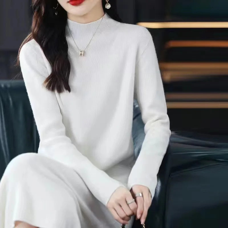 Korean Casual Long Sleeve Knitted Midi Dresses for Women Autumn Winter Elegant Half High Collar Sweaters Female Clothing Fleece Sweater Nylon Polyester Korean Casual Long Sleeve Knitted Midi Dresses for Women Autumn Winter Elegant Half High Collar Sweaters Female Clothing Fleece Sweater Nylon Polyester