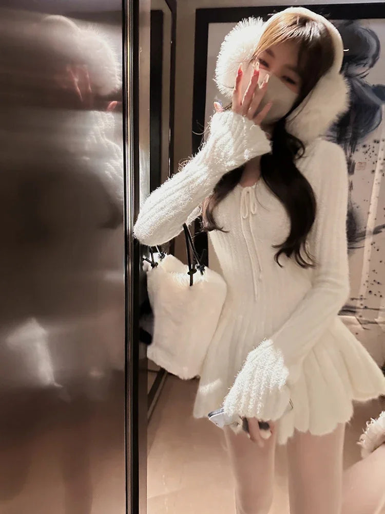 Sweet Knitted Sweater Dress Women Casual Long Sleeve Elegant French Y2k Mini Dress Even Party 2024 Autumn Korean Fashion Chic Solid Color Striped Floral Print