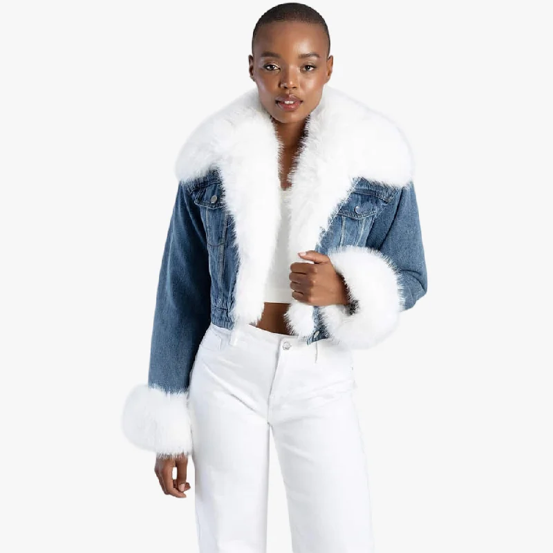 Sissy Boy Womens Denim Cropped Jacket Faux Fur Collar Cuff Blue Rayon Fabric Velvet Fabric Corduroy Fabric Sissy Boy Womens Denim Cropped Jacket Faux Fur Collar Cuff Blue Rayon Fabric Velvet Fabric Corduroy Fabric