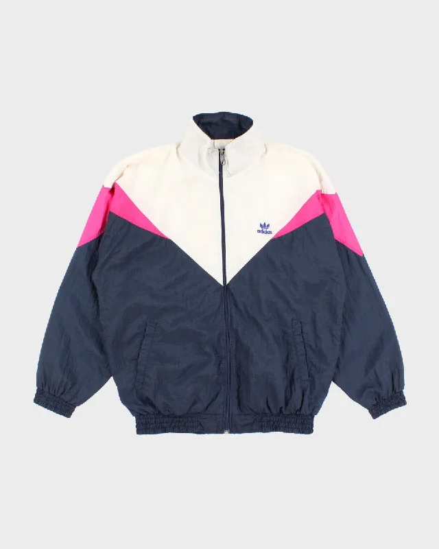 Womens 1980s Blue and White Adidas Windbreaker Jacket - XL Stand-Up Collar Roll-Neck Collar Turtle Neck Womens 1980s Blue and White Adidas Windbreaker Jacket - XL Stand-Up Collar Roll-Neck Collar Turtle Neck
