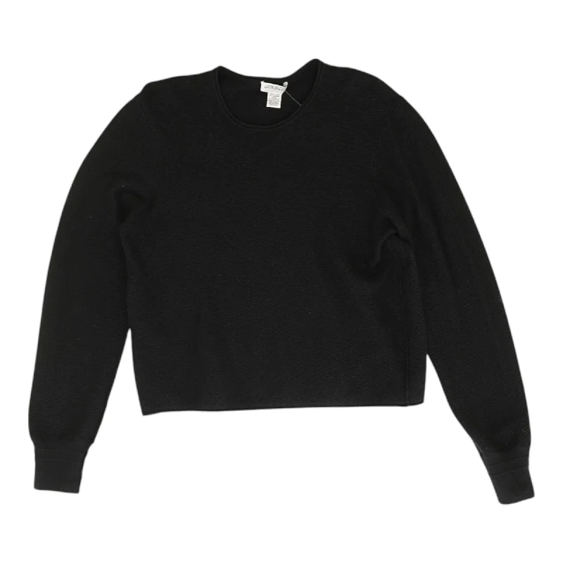 Black Solid Crewneck Sweater Faux Fur Fabric Real Fur Fabric Shearling Fabric