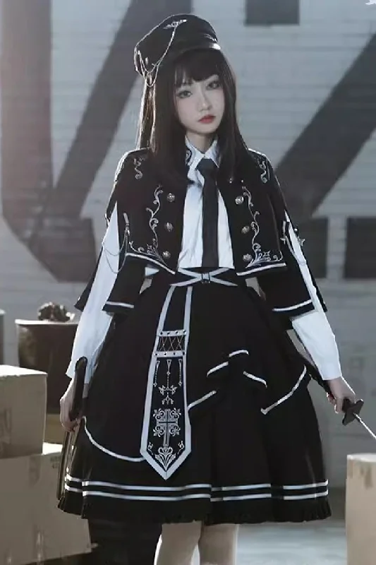 Black Battle of Thorns Print Ruffle Gothic Military Handsome Lolita Skirt wool skirt sturdy