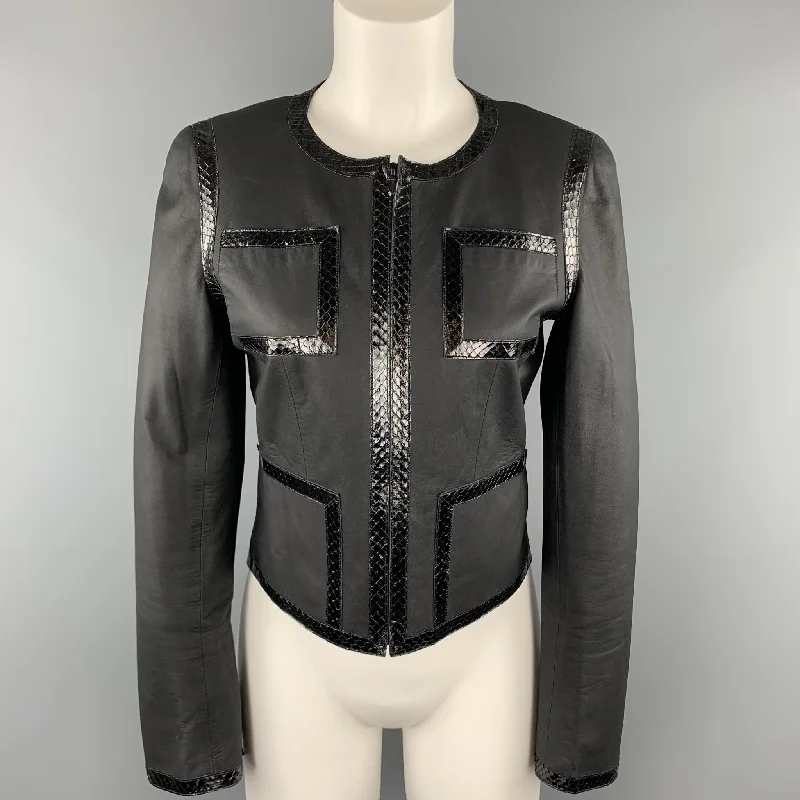 CHANEL Size 6 Black Snake Piping Cropped Leather 04 P Jacket Satin Fabric Silk Fabric Chiffon Fabric CHANEL Size 6 Black Snake Piping Cropped Leather 04 P Jacket Satin Fabric Silk Fabric Chiffon Fabric