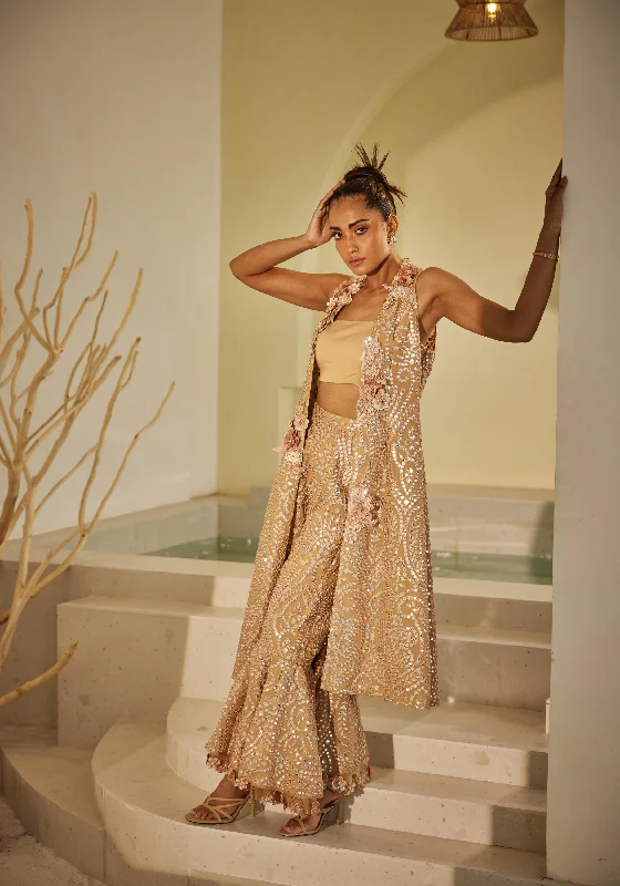 3 D Embellished Layered Sharara Pants Comfy Zip-Up Pants