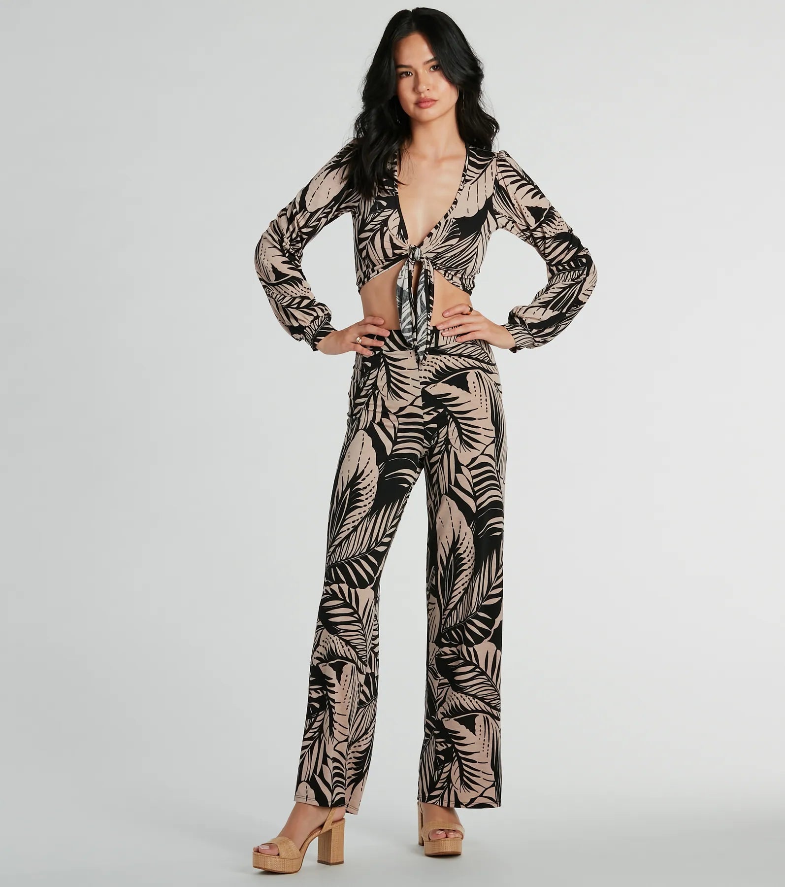 Tropical Day Dream High-Rise Wide Leg Pants Trendy High-Waist Trousers