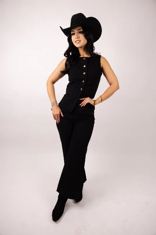 Denim Sleeveless Vest and Wide-Leg Pants Set Chic Black Leggings