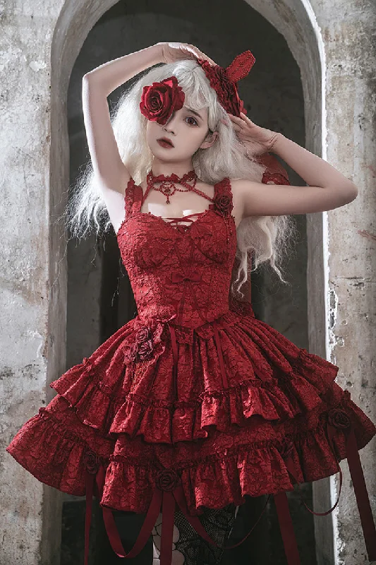 Weeping Rose Double-Layered Ruffle Embroidery Bowknot Lace Gothic Ballet Lolita Skirt Set 4 Colors spandex blend skirt Weeping Rose Double-Layered Ruffle Embroidery Bowknot Lace Gothic Ballet Lolita Skirt Set 4 Colors spandex blend skirt